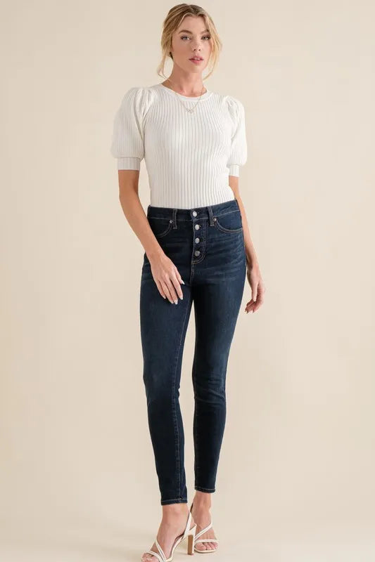 Image of And The Why Puffed Half Sleeve Rib Basic Bodysuit | Queeble.shop