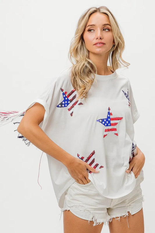 Image of BiBi American Flag Sequin Star Fringe Top | Queeble.shop