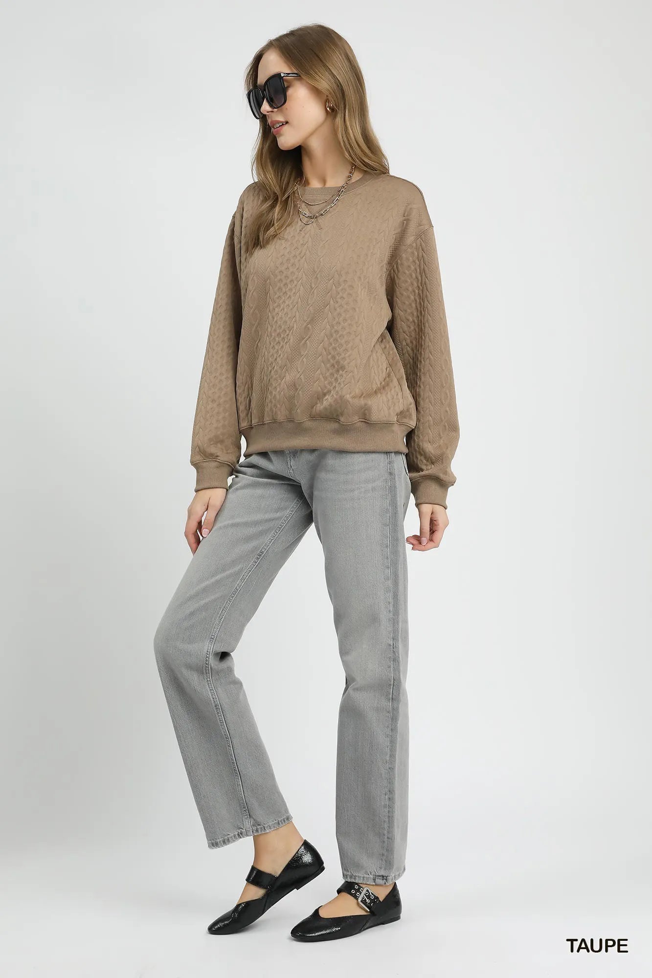 Image of Umgee Cable Texture Pattern Sweatshirt with Ribbed Hem | Queeble.shop
