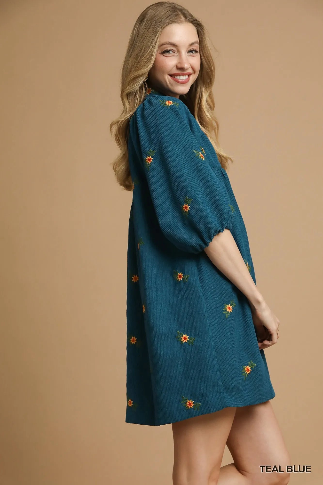Image of Umgee Corduroy Babydoll Dress with Floral Embroidery | Queeble.shop