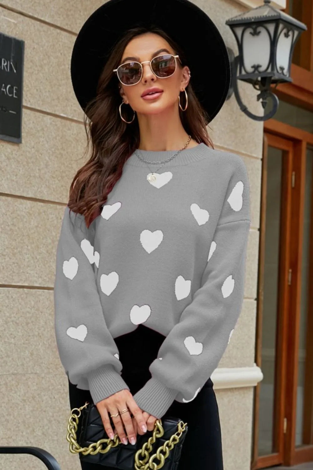 Image of Woven Right Heart Pattern Lantern Sleeve Round Neck Tunic Sweater | Queeble.shop
