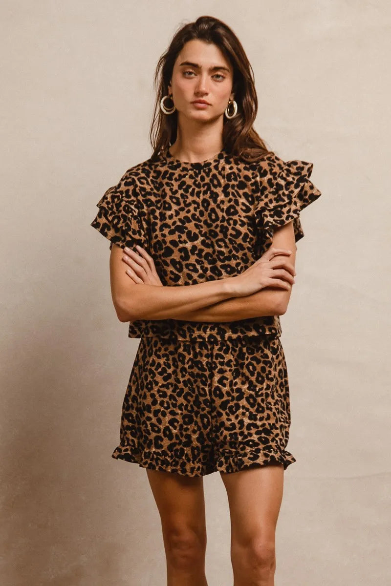 Image of BiBi Leopard Print Waffle Texture Layered Ruffle Sleeve Top and Shorts Set | Queeble.shop