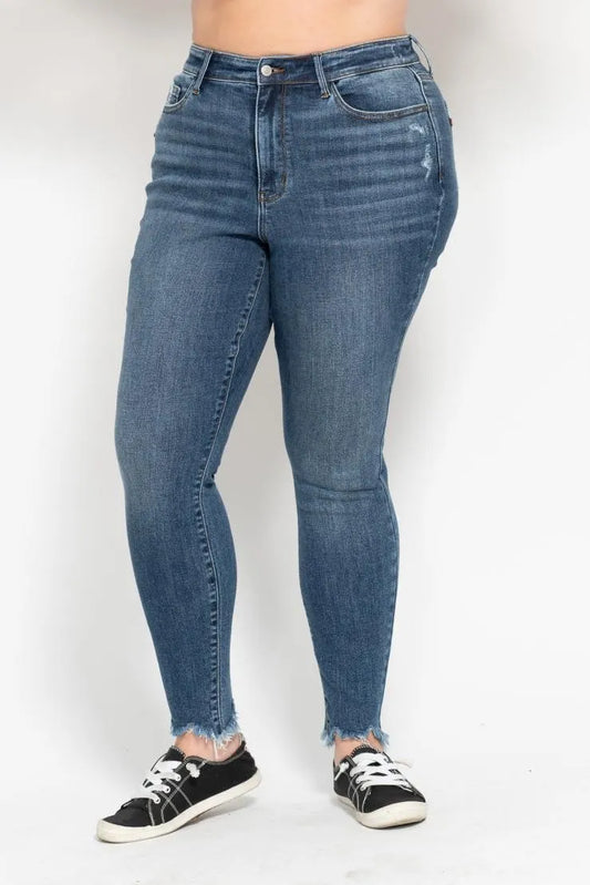 Image of Judy Blue Plus Size High Waist Skinny with Destroy & Shark Bit Hem | Queeble.shop