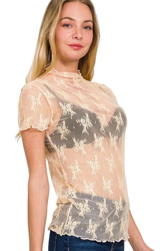 Image of Zenana Lace See-through Layering Short Sleeve Top | Queeble.shop