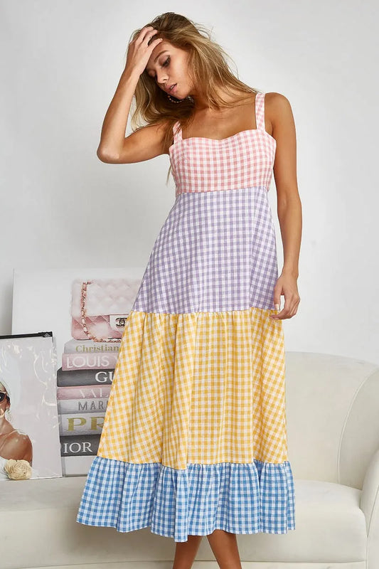 Image of BiBi Color Block Tiered Gingham Dress | Queeble.shop