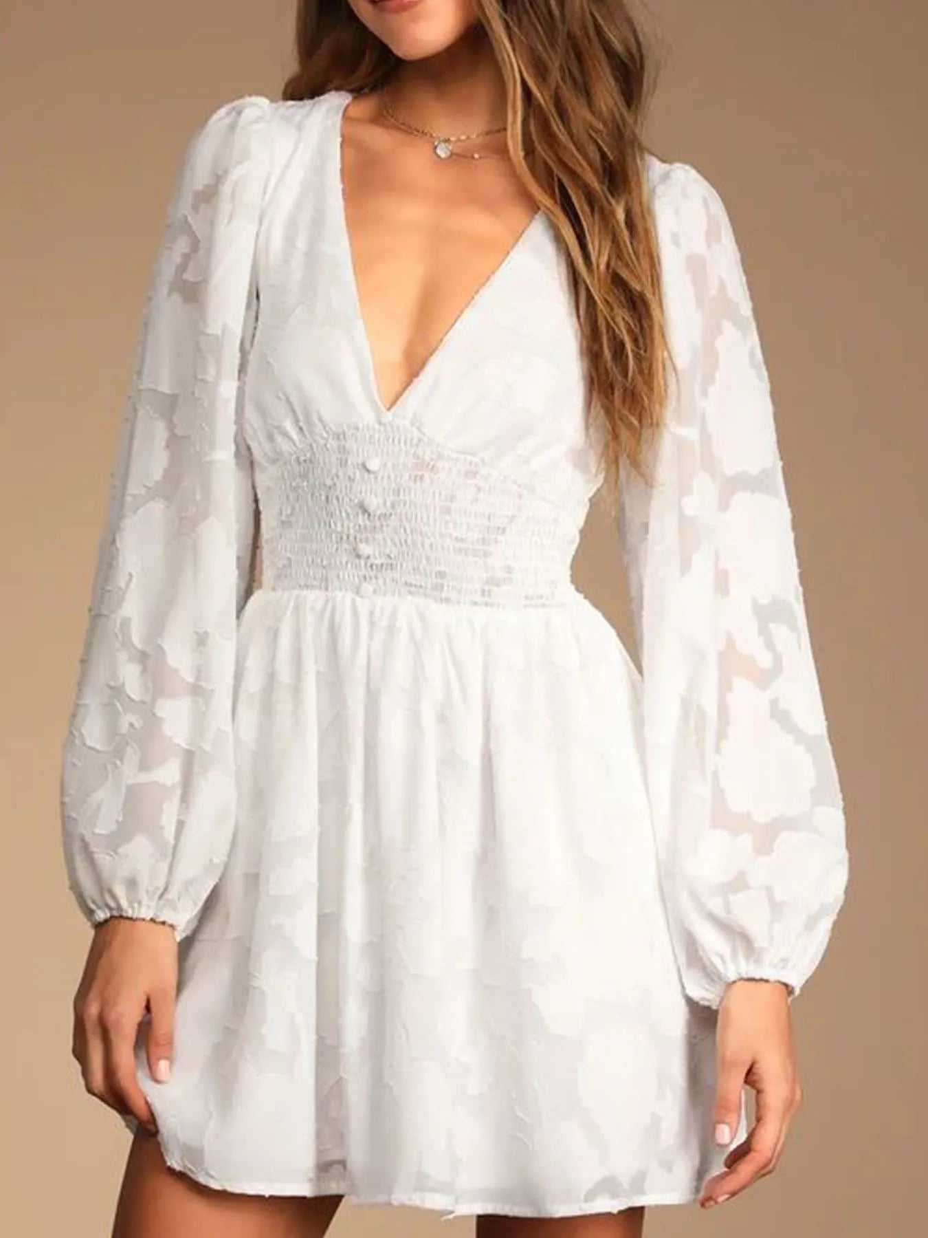 Image of Smocked V-Neck Balloon Sleeve Dress | Queeble.shop