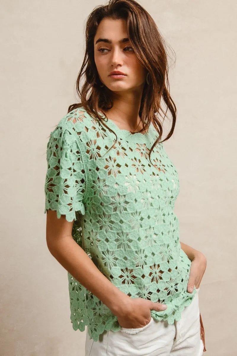 Image of BiBi Openwork Crochet Short Sleeve Knit Top | Queeble.shop