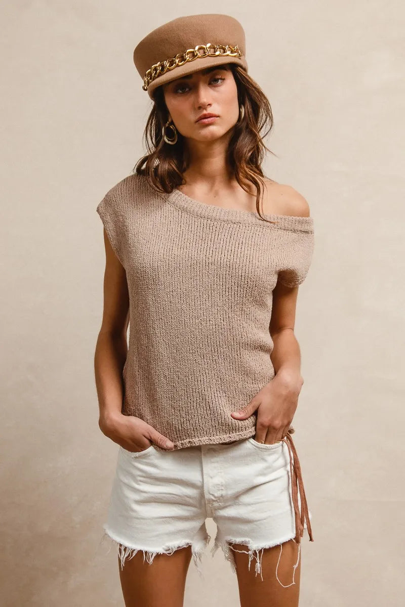 Image of BiBi One Side Off Shoulder Knit Top | Queeble.shop