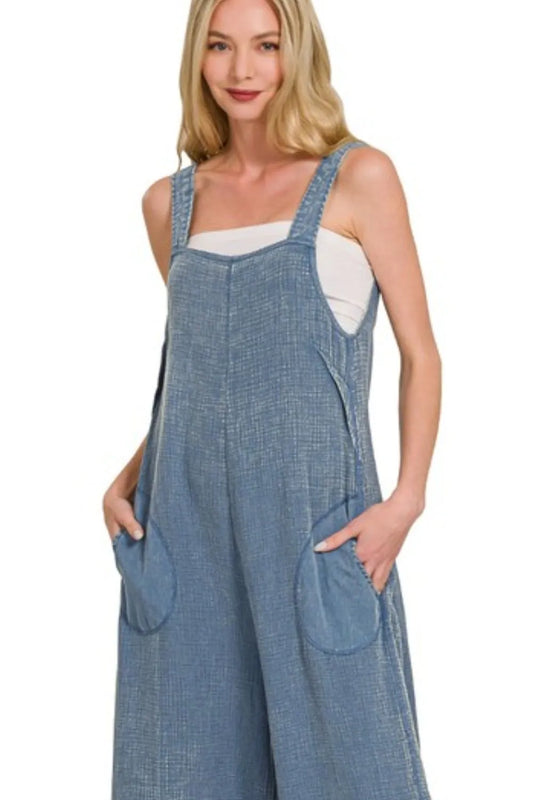 Image of Zenana Double Gauze Washed Wide Leg Overalls | Queeble.shop