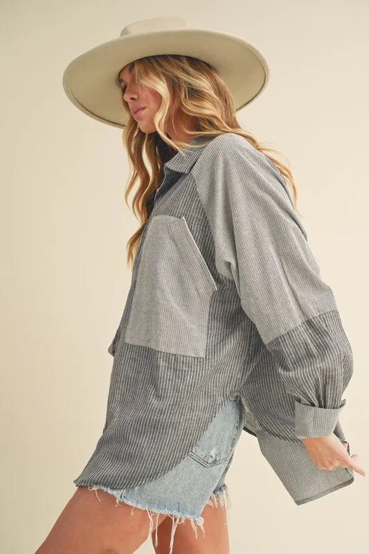 Image of Aemi + Co Striped Collared Neck Lantern Sleeve Shirt | Queeble.shop