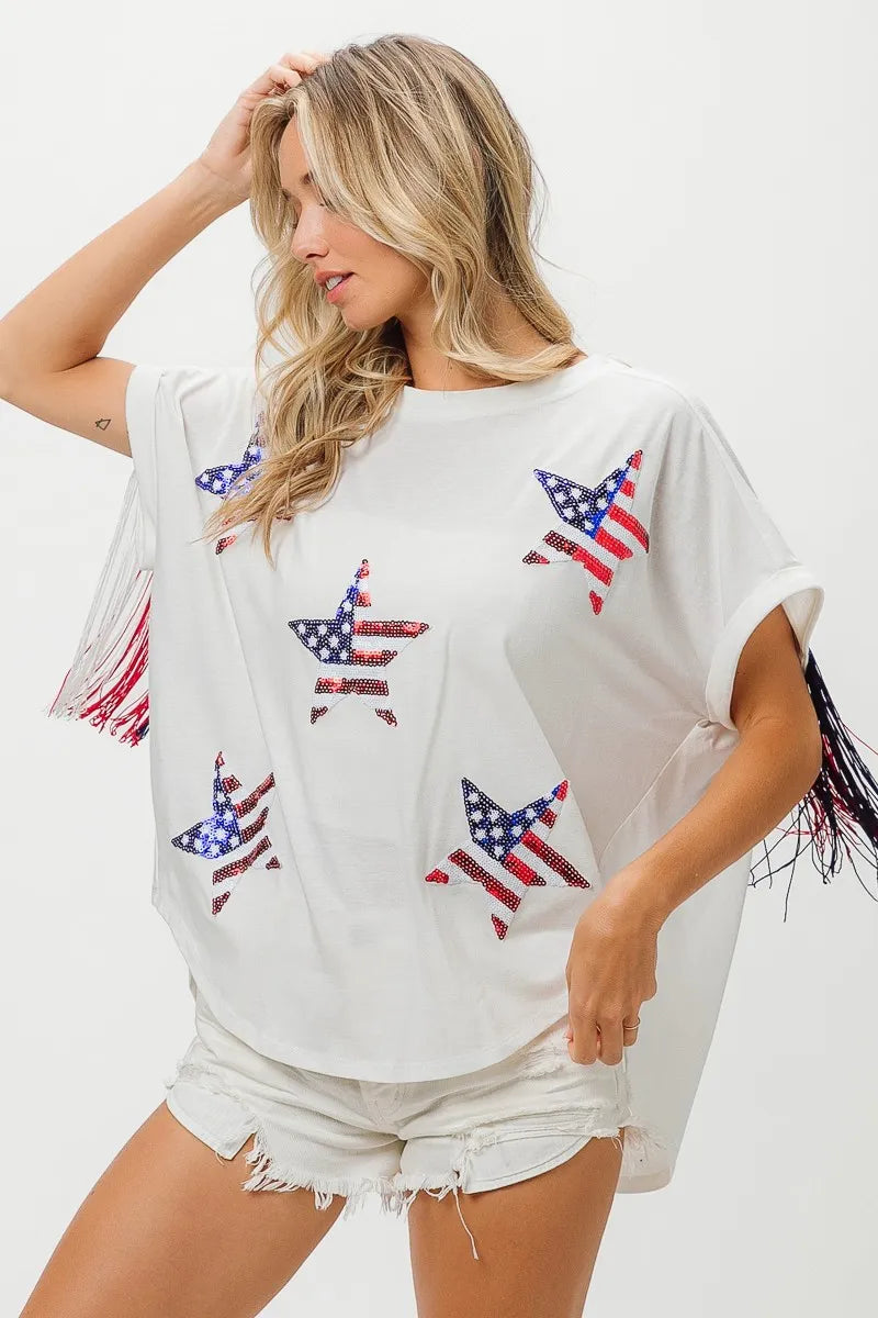 Image of BiBi American Flag Sequin Star Fringe Top | Queeble.shop