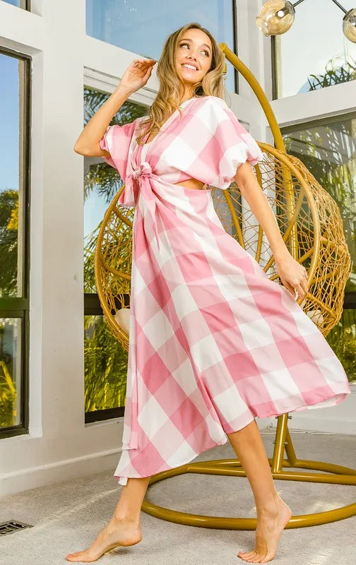 Image of BiBi Front Tied Puff Sleeve Checkered Dress with Cut Out Detail | Queeble.shop