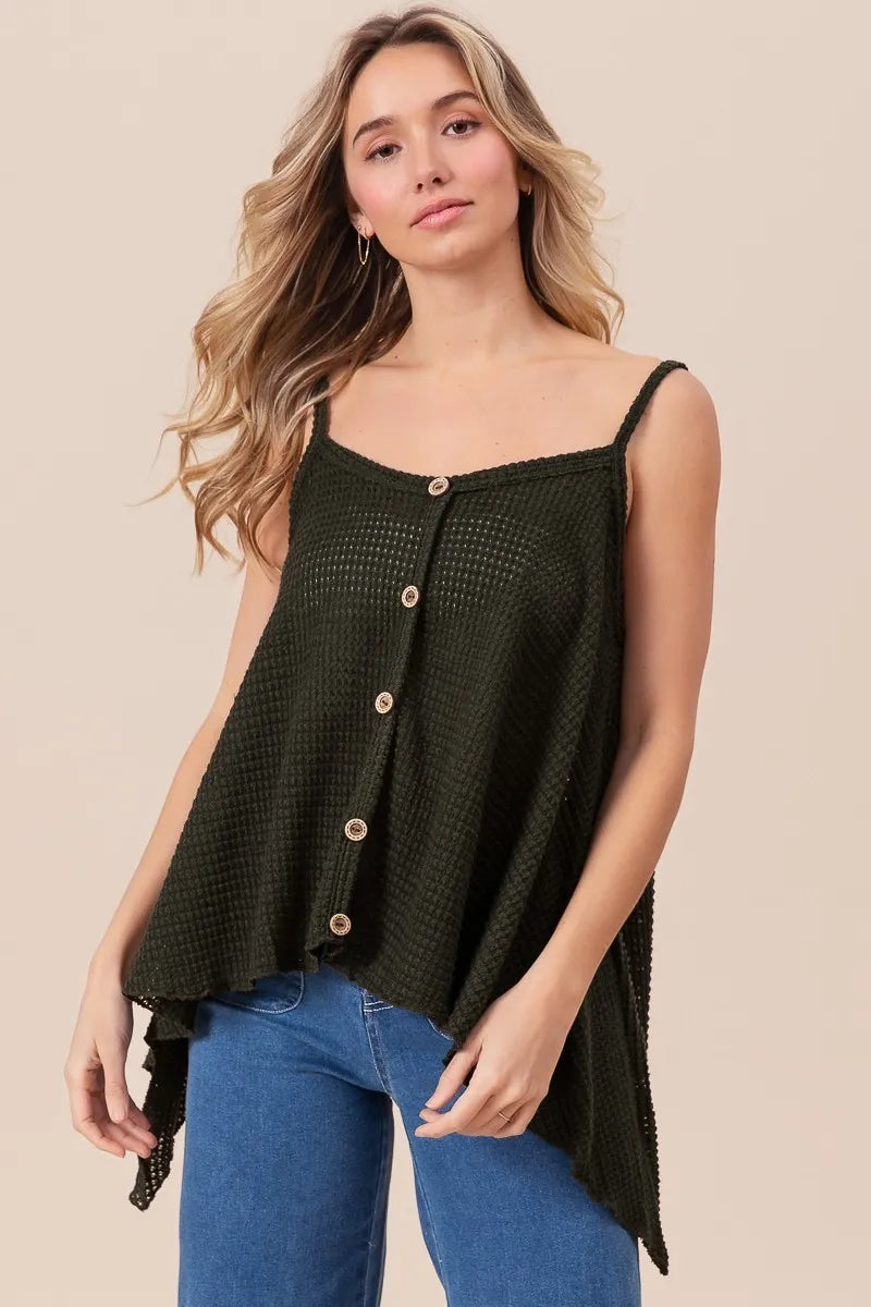 Image of BiBi Popcorn Waffle Knit with Buttoned Front Cami Top | Queeble.shop