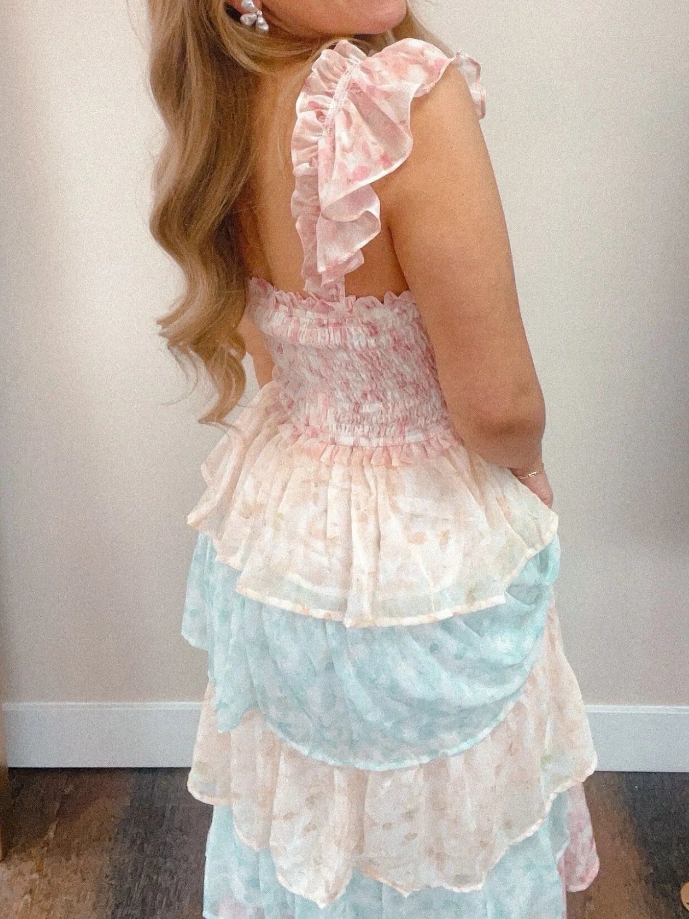 Image of Smocked Ruffle Layered Floral Midi Dress | Queeble.shop