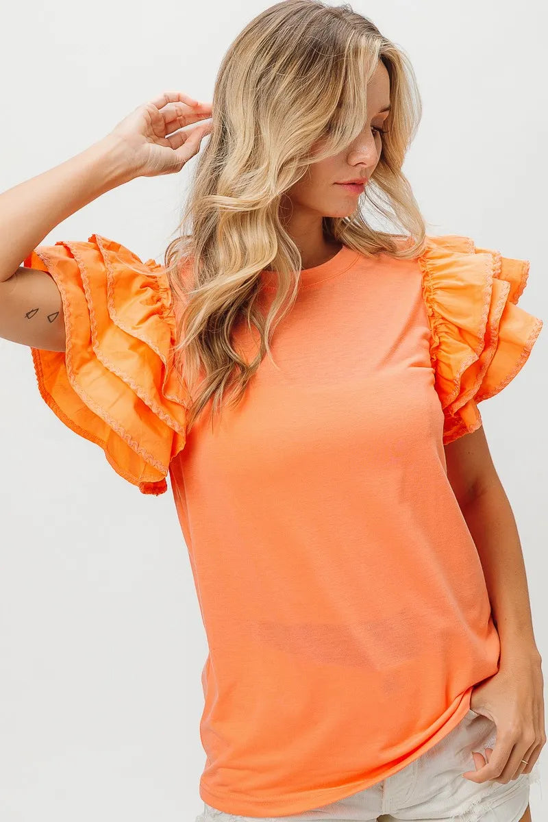 Image of BiBi Knit Top Woven Ruffle Tiered Sleeves | Queeble.shop