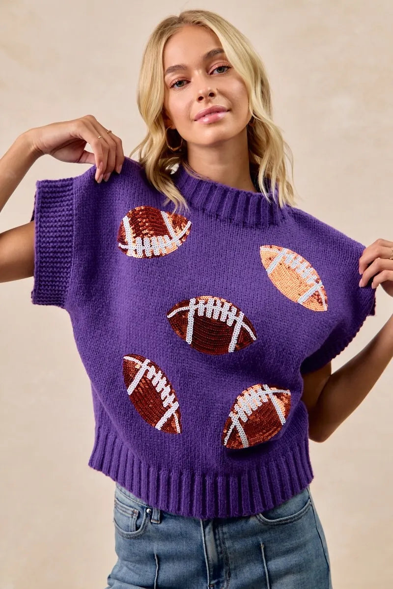 Image of BiBi Gameday Sequin Football Patches Rib Banded Sweater | Queeble.shop