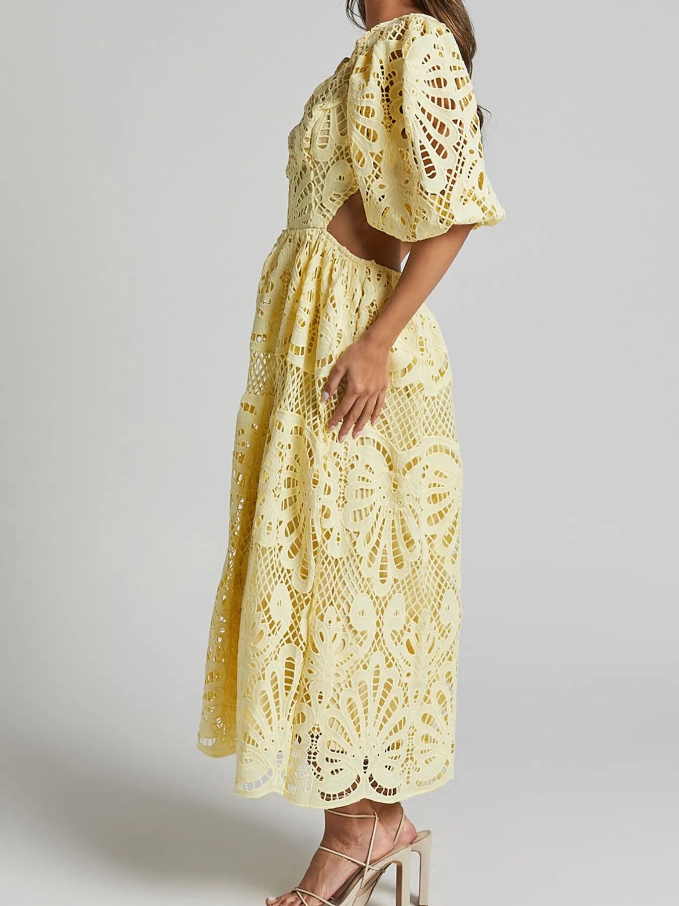 Image of Cutout Back Lace Crochet V-Neck Dress | Queeble.shop