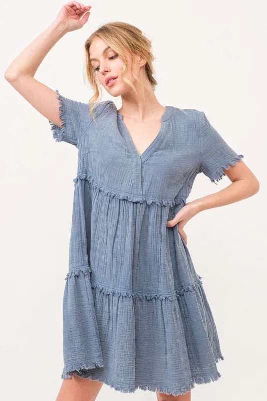Image of And The Why Washed Frayed Detail Tiered Dress | Queeble.shop