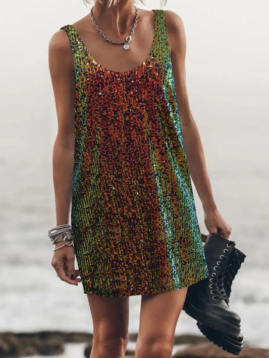 Image of Sequin Scoop Neck Mini Dress | Queeble.shop