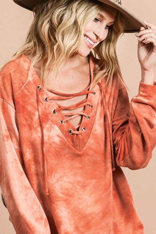 Image of BiBi Lace-Up Tie-Dye French Terry Long Sleeve Top | Queeble.shop