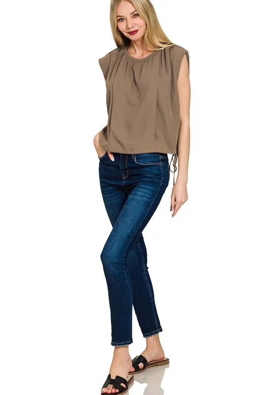 Image of Zenana Woven Drawstring Tie Side Sleeveless Top | Queeble.shop