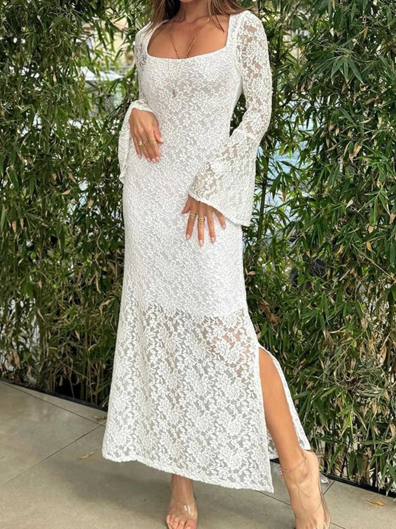 Image of Lace Bell Sleeve Square Neck Bodycon Dress | Queeble.shop
