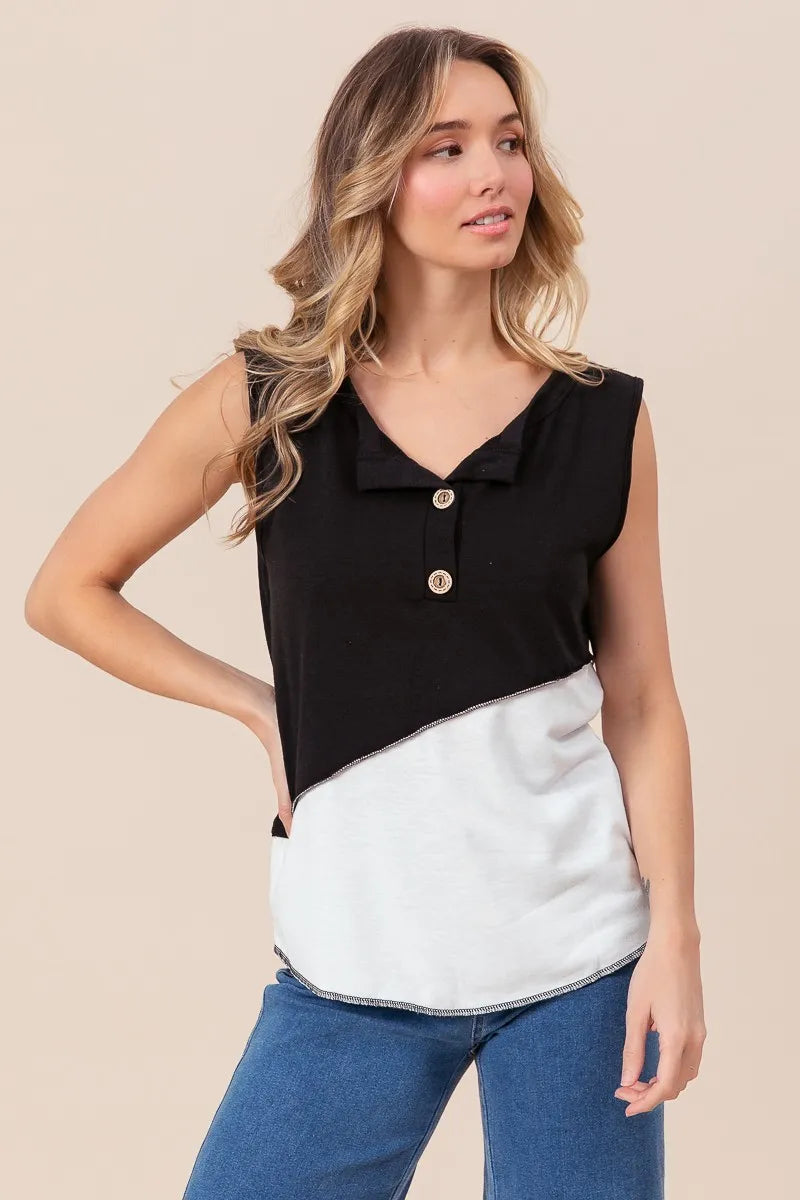 Image of BiBi Color Block Contrast Stitching Buttoned Henley Top | Queeble.shop