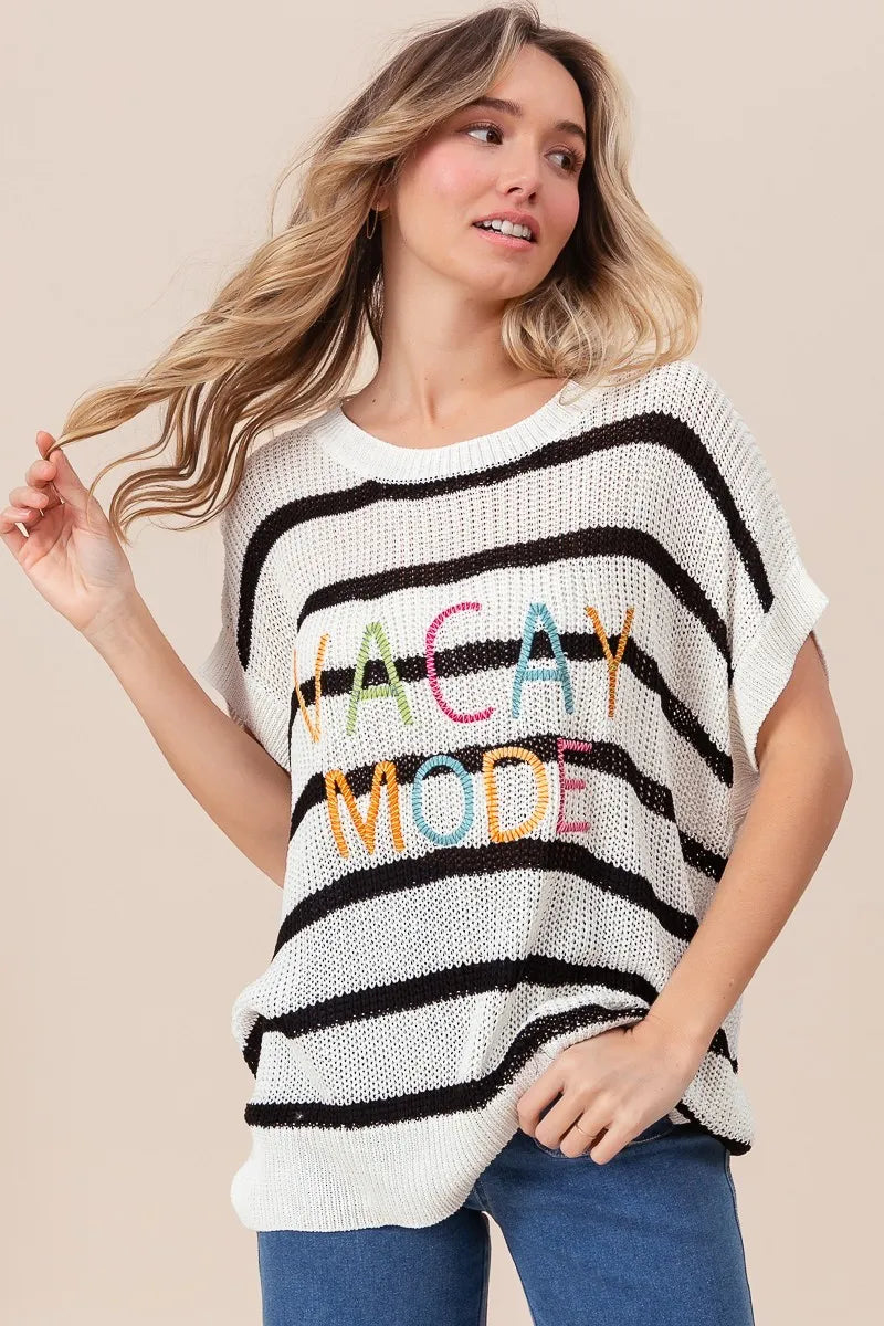 Image of BiBi Vacay Mode Lettering Drop Shoulder Striped Sweater | Queeble.shop