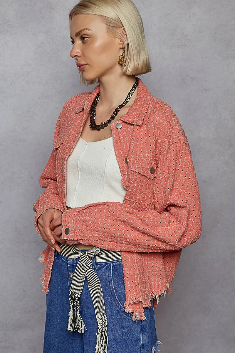 Image of POL Raw Hem Button Up Jacket with Chest Pockets | Queeble.shop