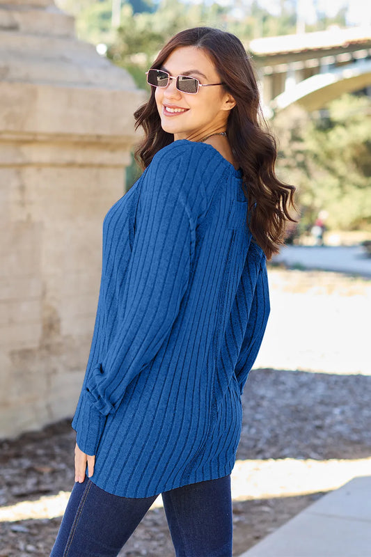 Image of Basic Bae Full Size Ribbed Round Neck Long Sleeve Knit Top | Queeble.shop