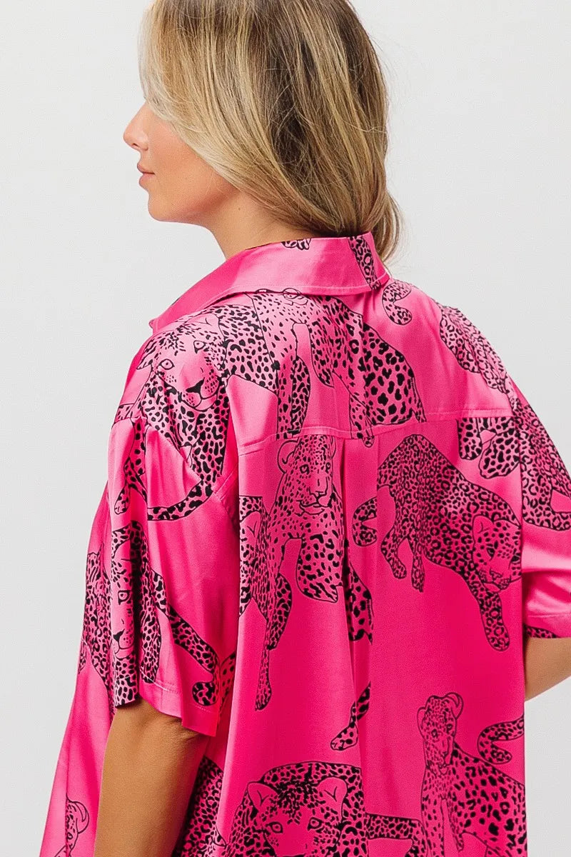 Image of BiBi Leopard Print Short Sleeve Silky Satin Shirt Top | Queeble.shop