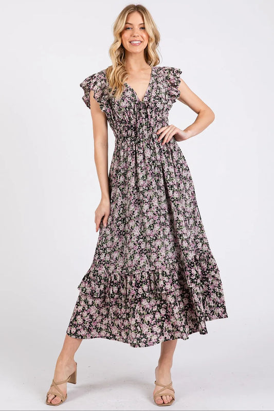 Image of Mittoshop Flower Print Ruffle Cap Sleeve V-neck Midi Dress | Queeble.shop