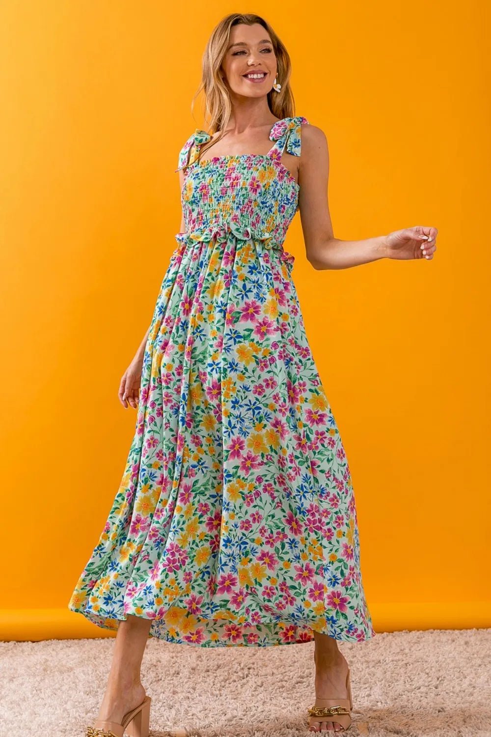 Image of BiBi Floral Ruffle Trim Smocked Cami Dress | Queeble.shop