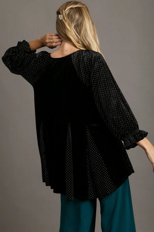 Image of Umgee Godet Hem Polka Dot V-Neck Blouse | Queeble.shop