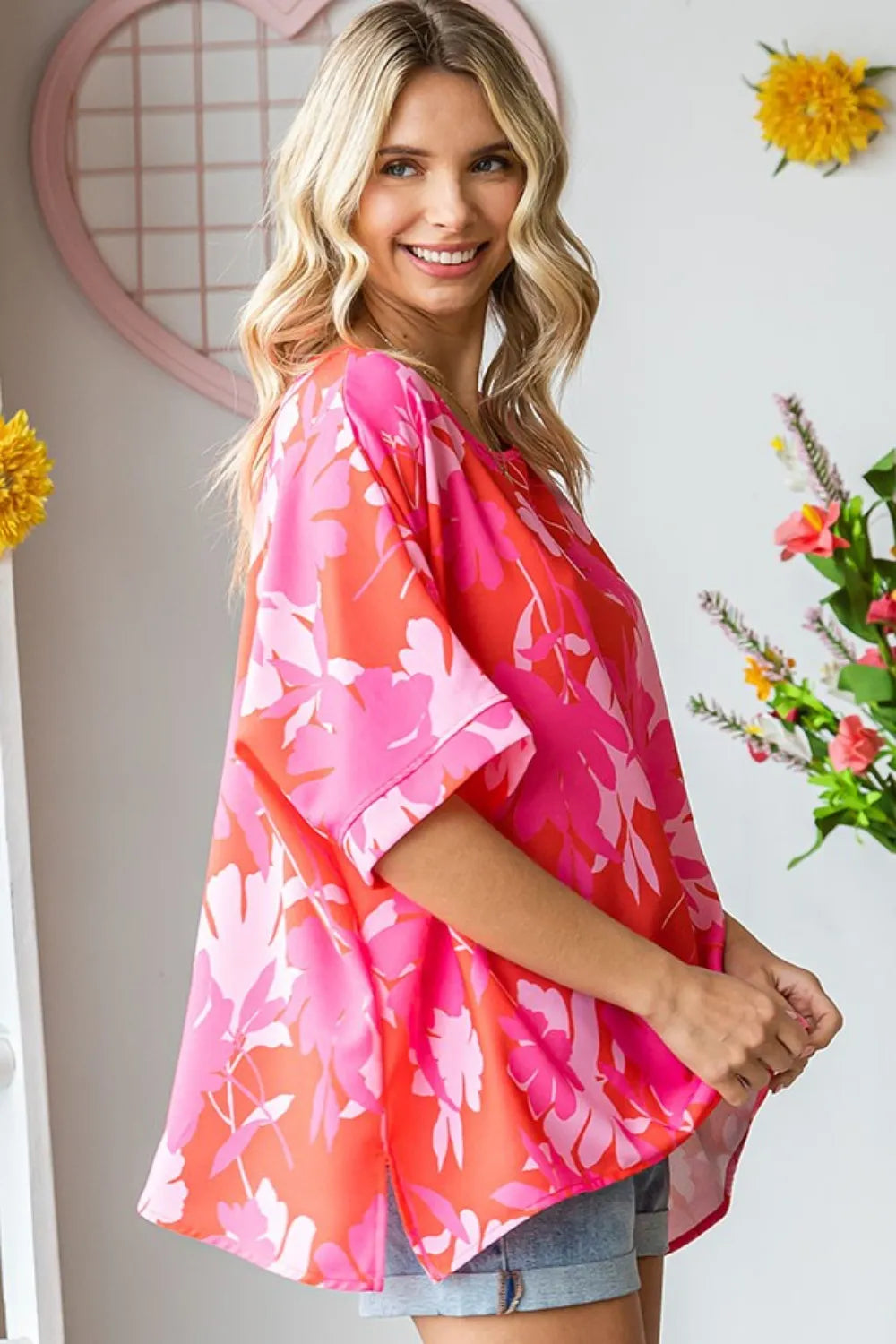 Image of First Love Slit Printed Round Neck Half Sleeve Blouse | Queeble.shop