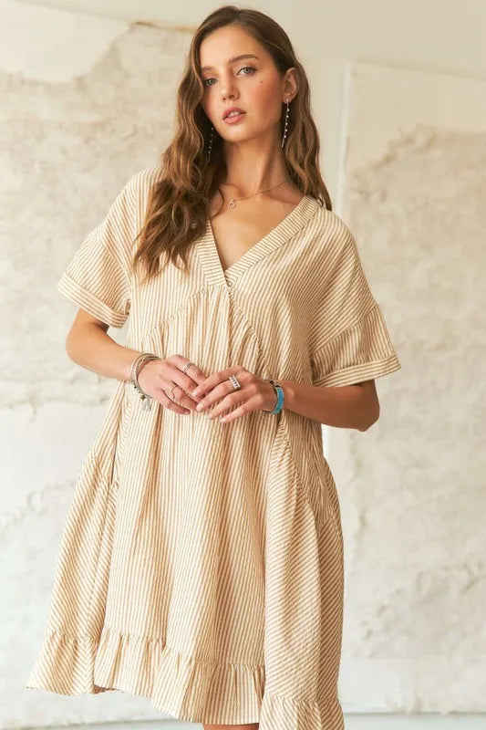 Image of ADORA Ruffled Hem Striped V-Neck Babydoll Dress | Queeble.shop