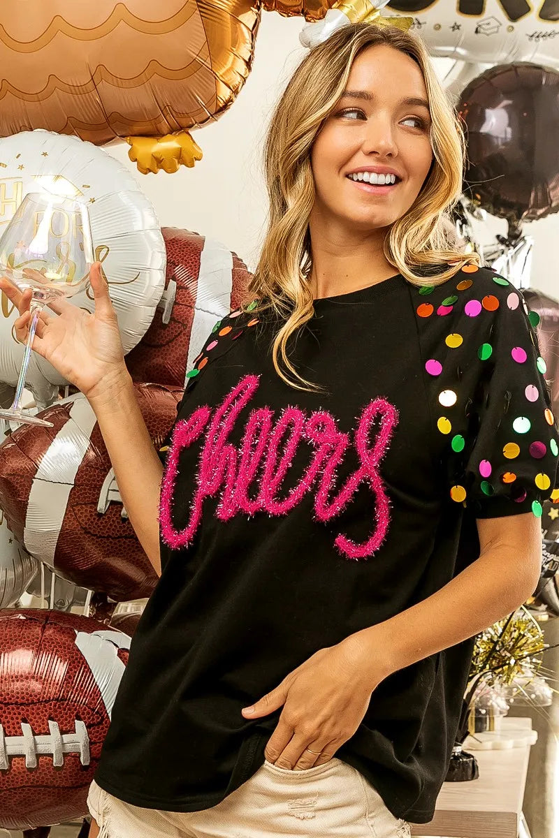Image of BiBi Metallic Letter Spangle Raglan Puff Sleeve Top | Queeble.shop