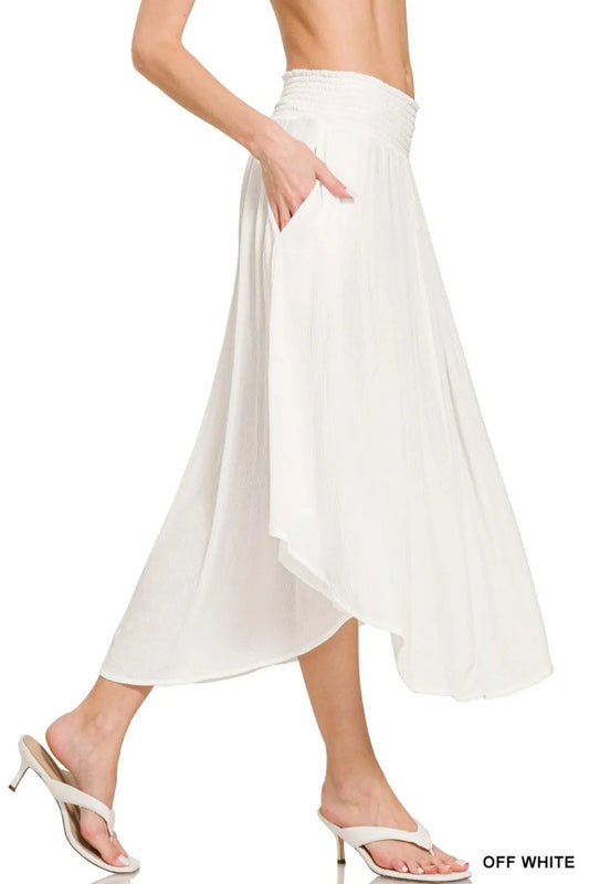 Image of Zenana Woven Crinkle Smocked Waist Maxi Skirt W Pockets | Queeble.shop