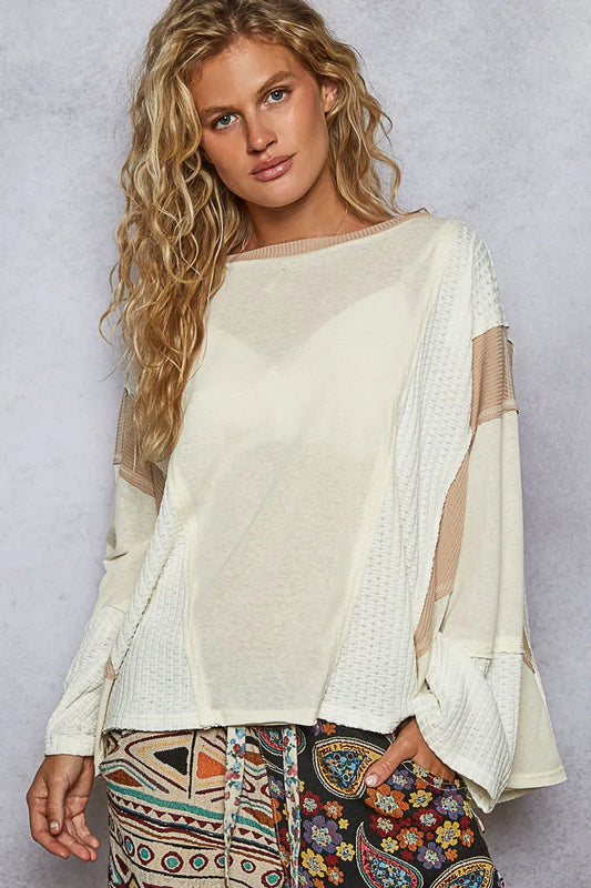 Image of POL Contrast Round Neck Long Sleeve T-Shirt | Queeble.shop