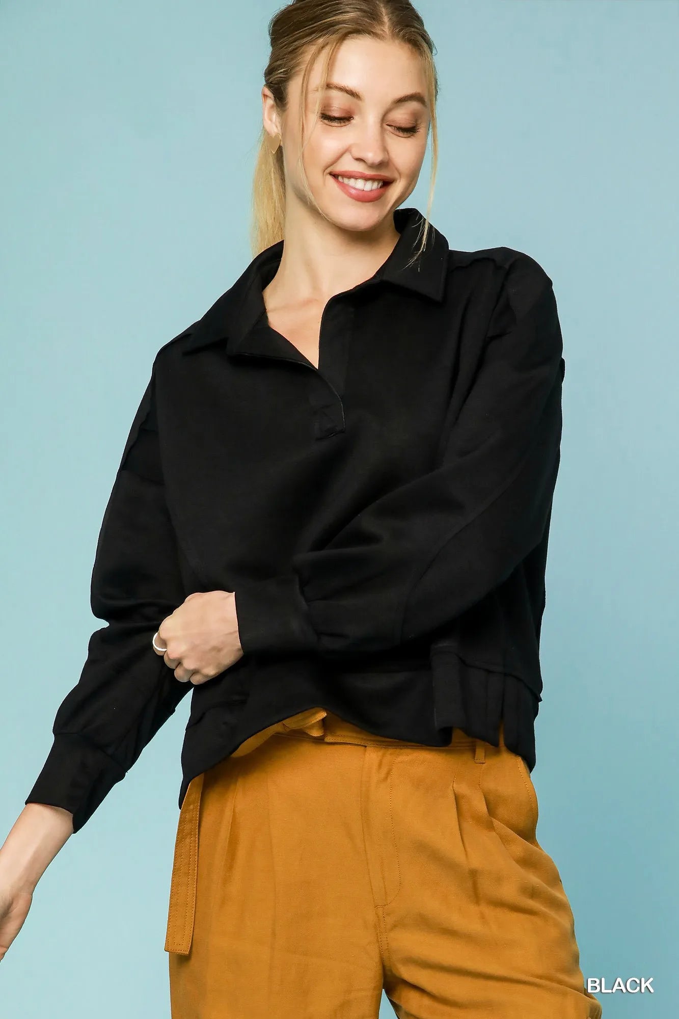 Image of Umgee Collared Neck Long Sleeve Top with Raw Hem Detail | Queeble.shop