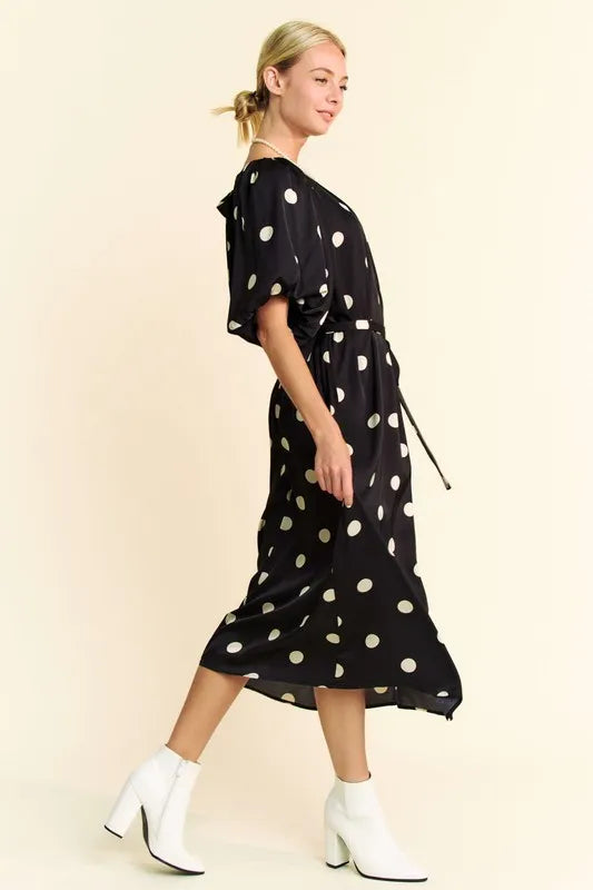 Image of Davi & Dani Polka Dot Puff Sleeves Waist Tie Midi Dress | Queeble.shop