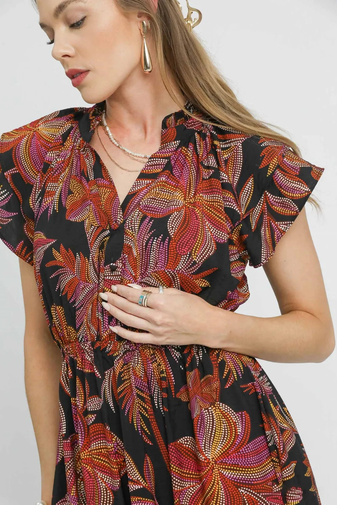 Image of Umgee Mix Ruffle Sleeve Tropical Midi Dress | Queeble.shop