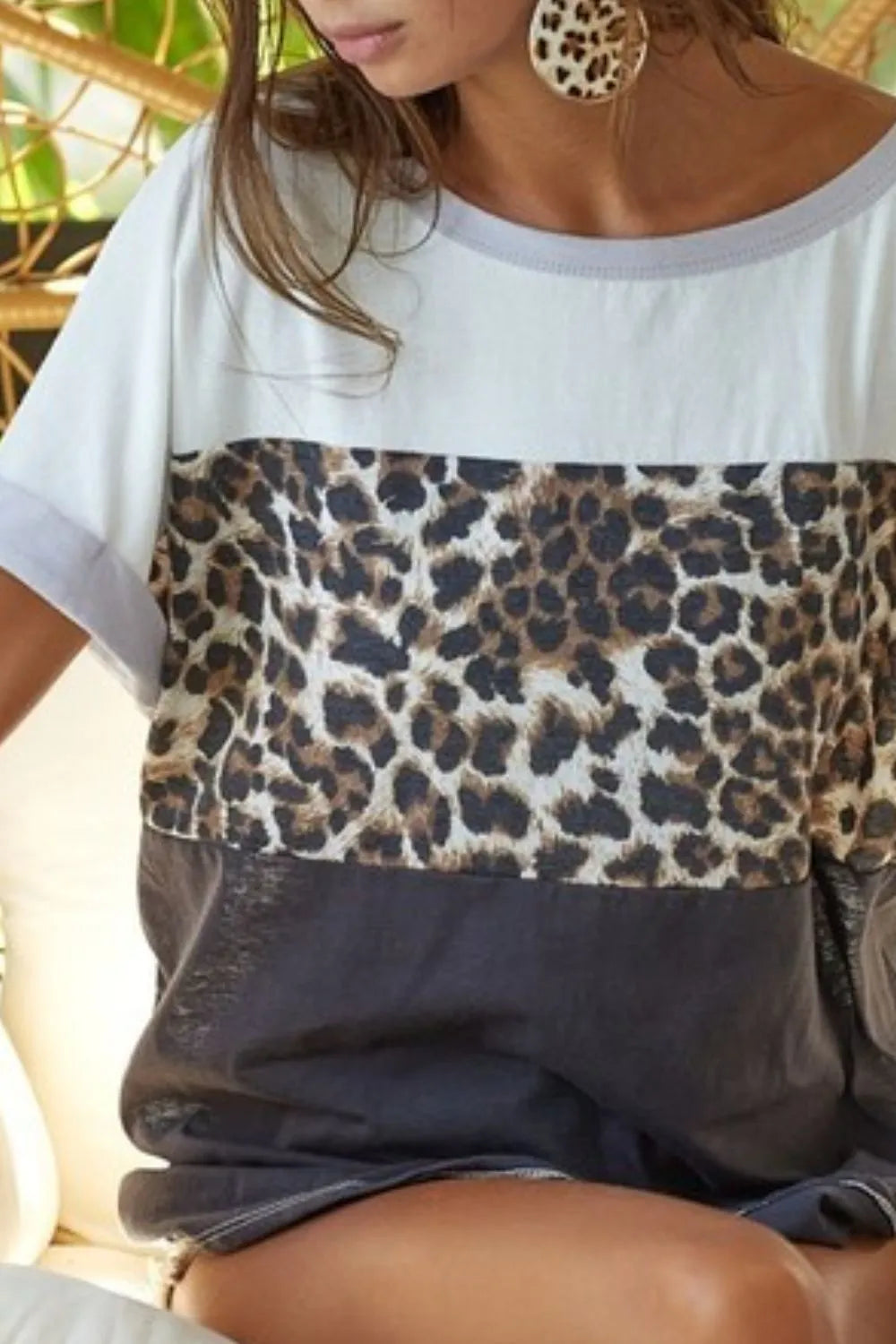 Image of BiBi Leopard Printed Jersey Color Block Roll Up Top | Queeble.shop