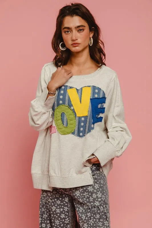 Image of BiBi LOVE Heart Patch Slit French Terry Sweatshirt | Queeble.shop
