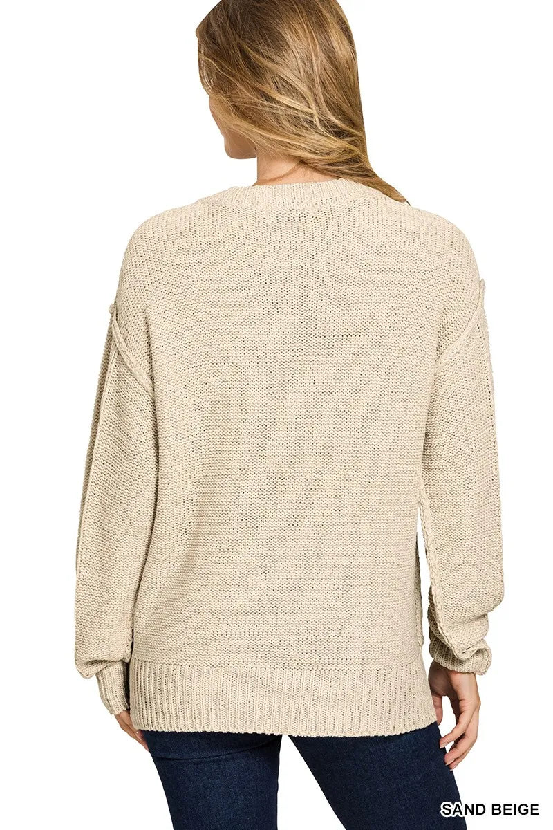 Image of Zenana Exposed Seam Round Neck Sweater | Queeble.shop