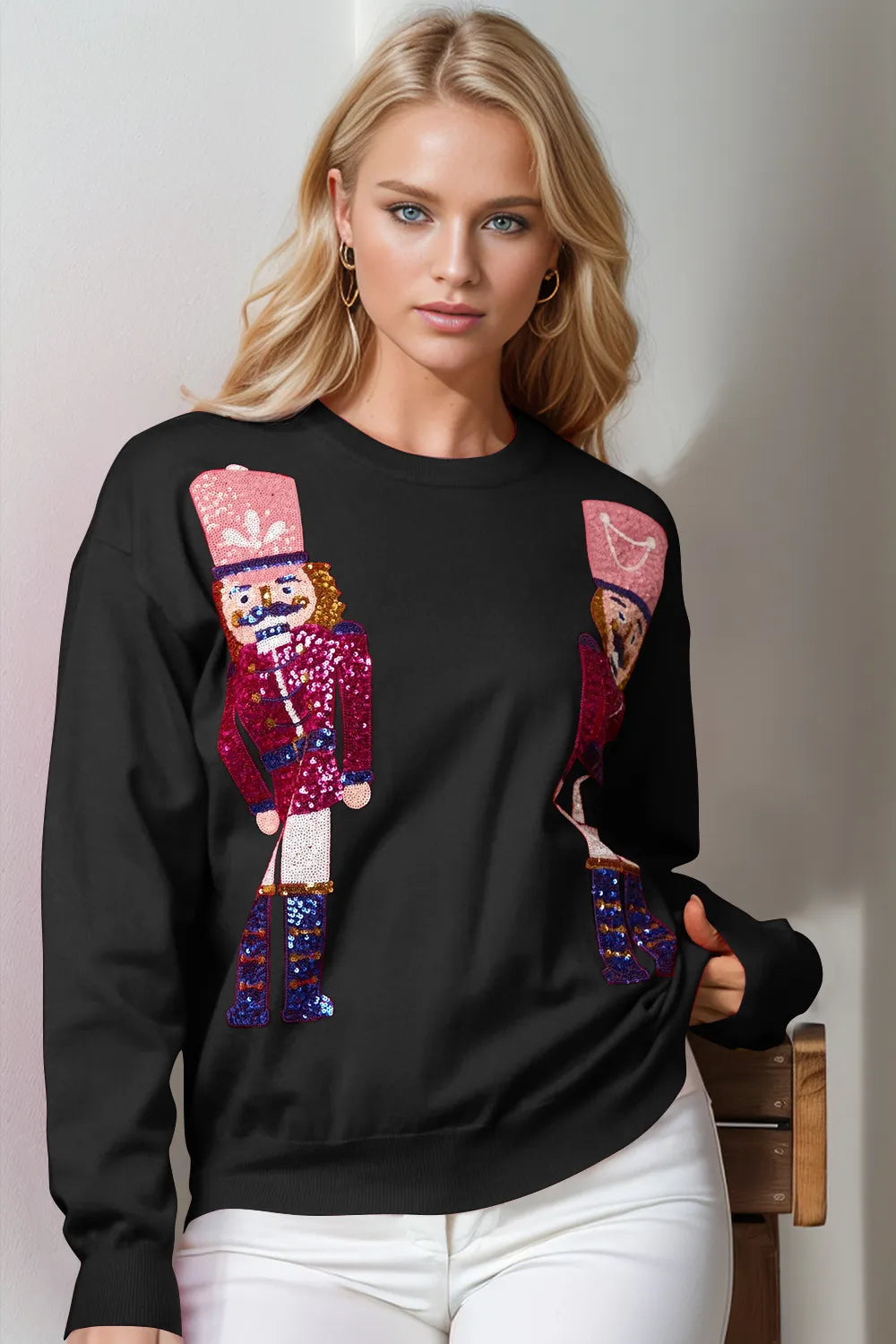 Image of Double Take Full Size Nutcracker Sequin Long Sleeve Sweater | Queeble.shop