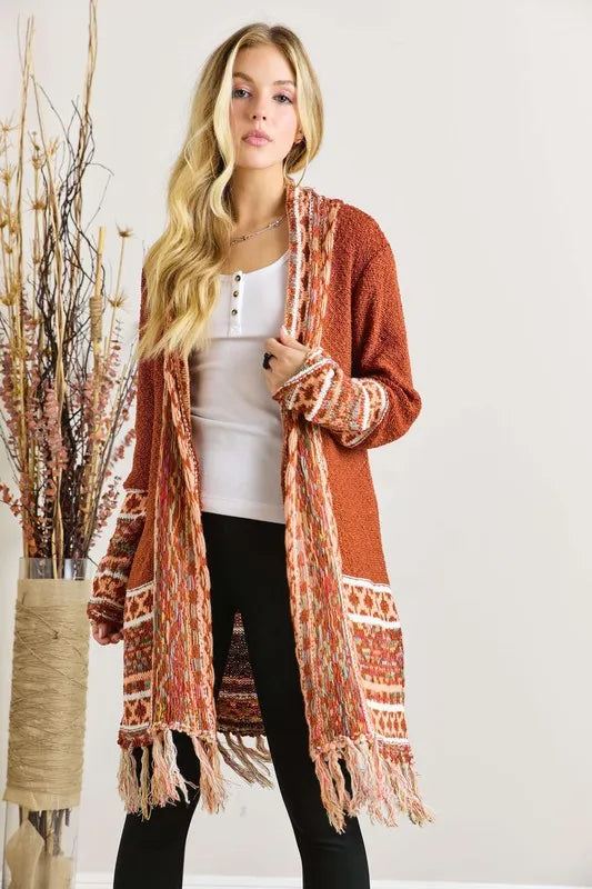 Image of ADORA Full Size Fringe Hem Aztec Border Cardigan Plus Size | Queeble.shop