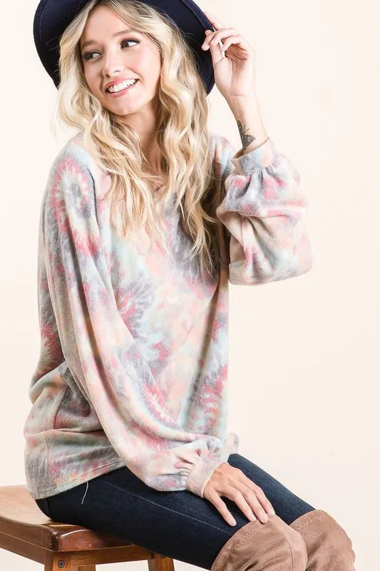 Image of BiBi Brushed Tie Dye Print Top with Puff Sleeves | Queeble.shop