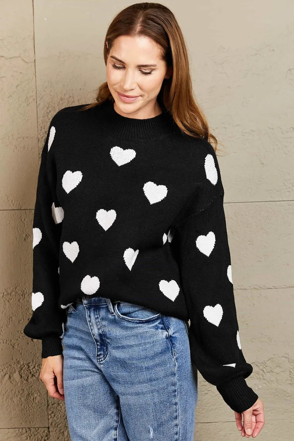 Image of Woven Right Heart Pattern Lantern Sleeve Round Neck Tunic Sweater | Queeble.shop
