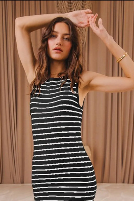 Image of SO ME Stripe Sleeveless Sweater Knit Maxi Dress With Ruffled Hem | Queeble.shop